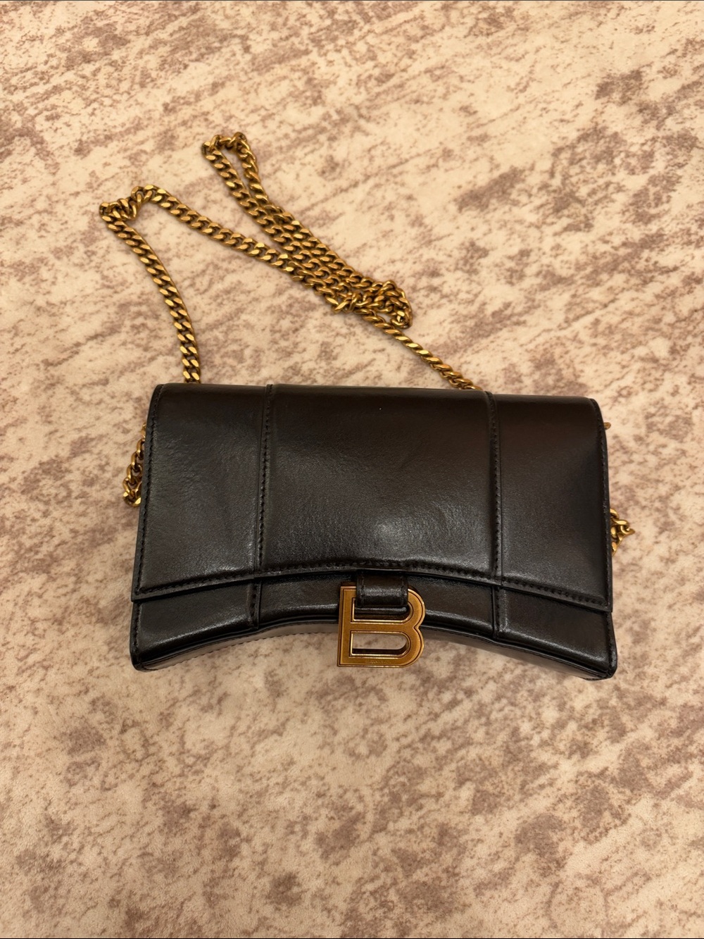 Balenciaga Black Leather Crossbody with Gold Chain and 'B' Logo